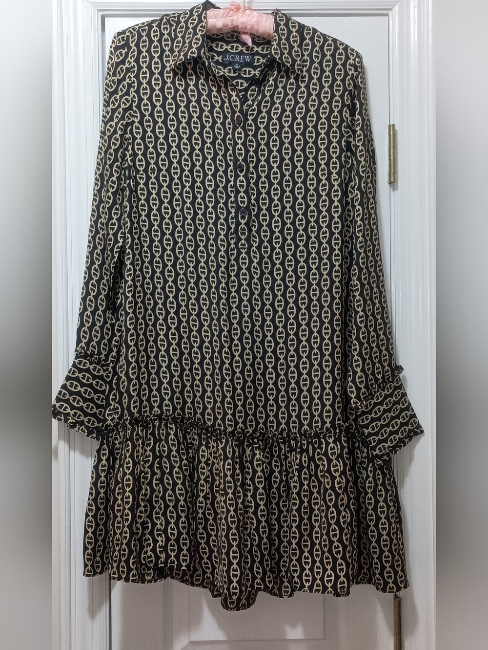 J. Crew Amelia Black and Cream Chain-Print Long Sleeve Popover Dress XS